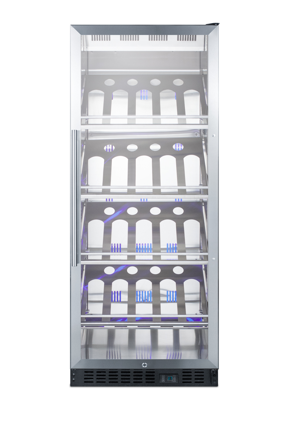 Full-size commercially listed wine cellar with stainless steel interior, champagne shelving, digital controls, self-closing glass door, and black cabinet